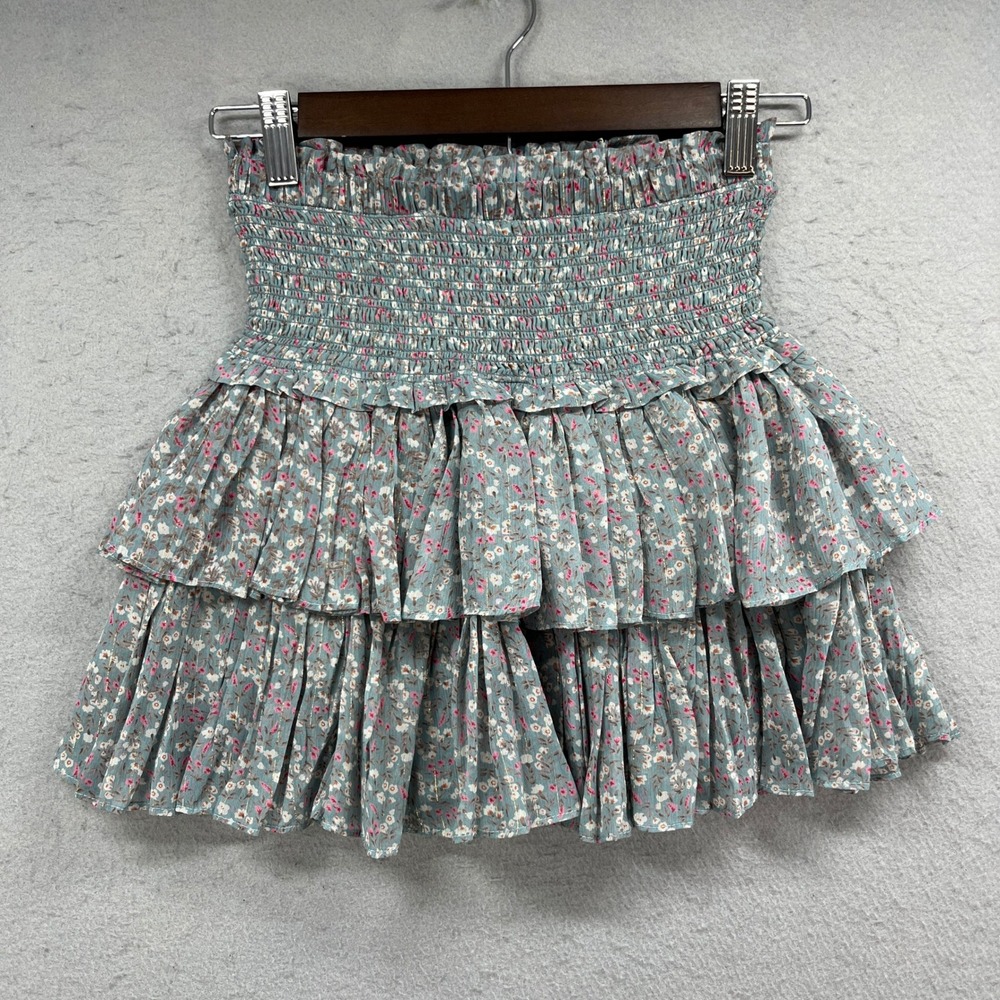Reset‎ Mini Skirt Womens S Blue Floral Smocked Tiered Ruffle Lined Boho Stretch
